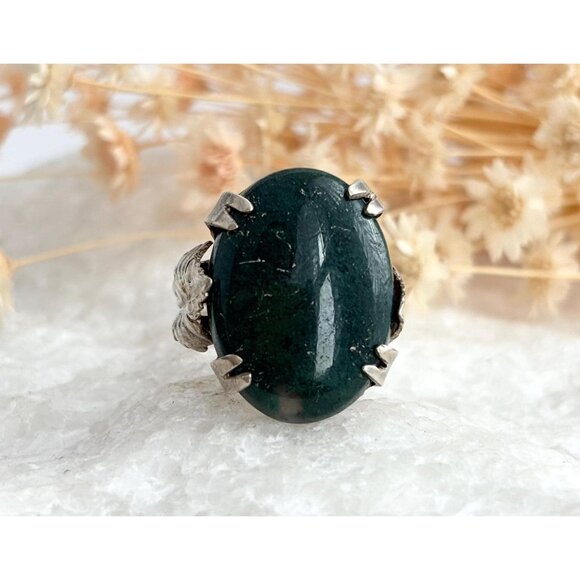 Dark Green Quartz Double Claw Prong 925 Sterling Silver Vintage Ring - sz  5 - Picture 1 of 12